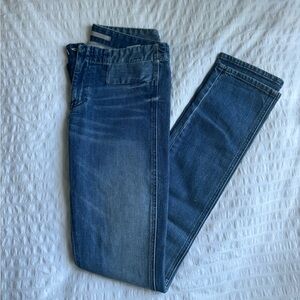 Vince No Pocket Medium Wash High Rise Skinny Jeans with Knee Patch Detail